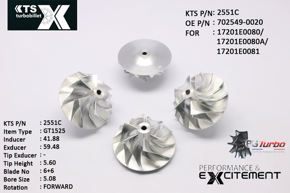 Turbo ROUE FORGÉE MFS PERFORMANCE - 6+6 PALES - INDUCER : 41,88 - EXDUCER : 59,48 - TYPE : GT15-25ANGLE : 60° - ROTATION : Forward - SUPER BACK : 3,68 - BORE SIZE : 5,08
